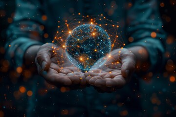 Poster - a person holding a glowing digital globe surrounded by connections, symbolizing global technology an