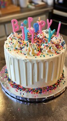 Colorful Birthday Cake with Sprinkles and Candles