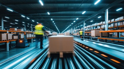 Aufkleber - A Fast-Moving Conveyor Belt System in a Large Warehouse