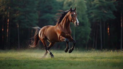 Don breed horse running on the field in autumn. golden horse. A strong beautiful dark horse running fast in motion. Breed horses.