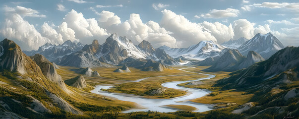 Wall Mural - Featuring mountains and a wide river, this fantasy valley is like something out of a fairytale