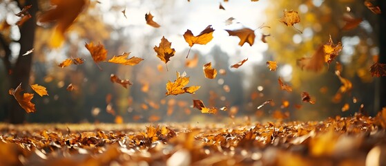 Poster - Vibrant Autumn Leaves Falling in Sunlit Park