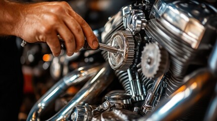 Poster - Close-up of a Mechanic's Hand Working on a Motorcycle Engine