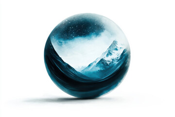 a crystal sphere showcases a serene ocean scene, featuring waves and a starry sky, creating a tranqu