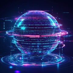 Futuristic Abstract Sphere with Binary Code and Neon Lights - Digital Technology Background.