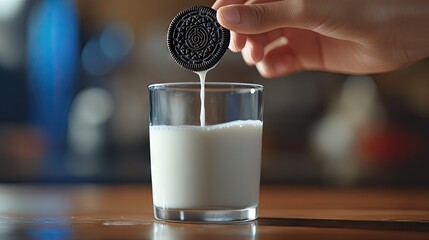 A hand dipping an Oreo into a glass of milk, with the cookie mid-air, showing the ultimate snack-time indulgence.