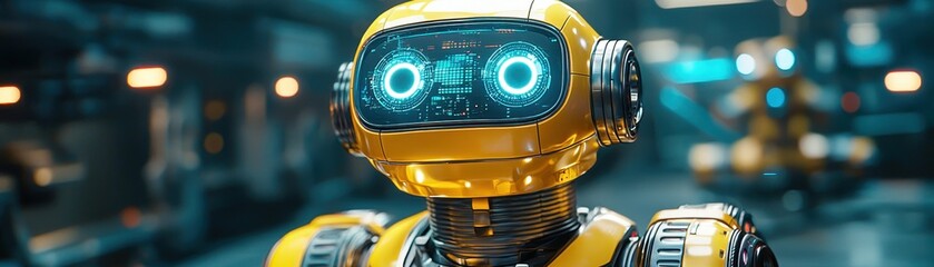 Poster - A vibrant, futuristic robot with a yellow exterior, featuring bright blue eyes, set against a high-tech background.
