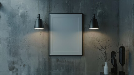 A mockup of an empty white poster frame on the wall, illuminated by two lamps above it.