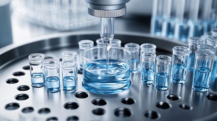 A top view of a clear liquid being dropped into a beaker, surrounded by vials and pipettes on a stainless steel medical tray.