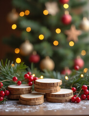 Aufkleber - Wooden table stands on Christmas scene with empty space around it.