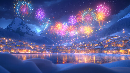 A colorful, animated night sky filled with fireworks over a snow-covered city, with vibrant lights reflecting off the snowbanks 