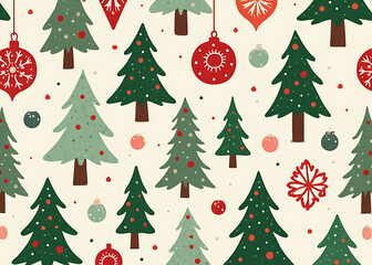Aufkleber - Winter holiday decorations often feature repeating patterns of evergreen trees and snowflake ornaments in a colorful background design.