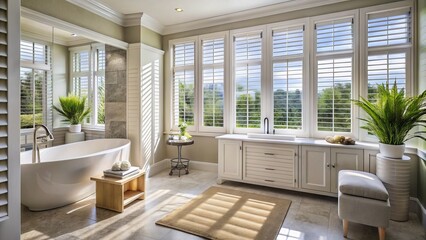 Wall Mural - Luxurious White Plantation Shutters in Elegant Bathroom Aerial View, Stylish Decor, Modern Interiors, Relaxing Atmosphere, Natural Light, Spa-Like Ambiance, Home Design Inspiration