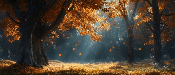 Poster - Serene Autumn Forest with Gentle Light and Falling Leaves