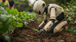 © Diamond Obaom - humanoid robot is tending to plants in garden, showcasing advanced technology in agriculture. robots design is sleek and functional, emphasizing its role in modern farming