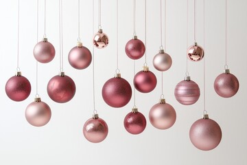 A collection of pink and rose gold Christmas baubles in various textures hanging against a light background.