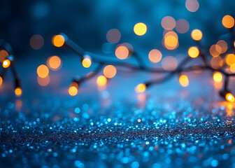 Aufkleber - Vibrant blue and gold glitter in a shiny defocused background with abstract Christmas lights create a festive holiday display.