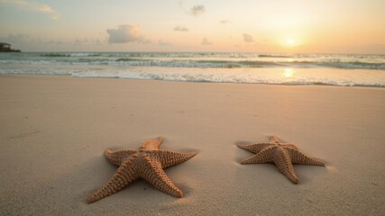 Canvas Print - Two starfish lay on the sandy beach at sunset.