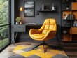 © Agus - A mid-century modern study room with muted grey walls and mustard yellow furniture