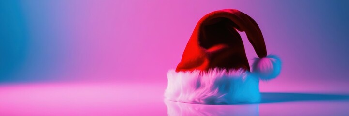 Christmas santa hat, neon lighting, vibrant pink and purple background, reflective surface, minimalist composition, retro synthwave aesthetic, 80s style, high contrast, glowing edges, panoramic format