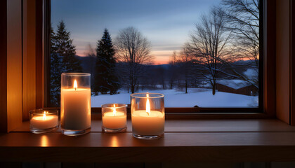 Softly glowing candle light fills a room with warmth and cozy ambiance on chilly winter eve_1(617)