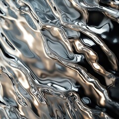 Abstract Metallic Liquid Background with Ripples and Reflections - Silver, Grey, and Gold Tones.