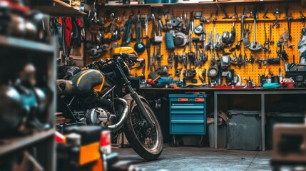 Poster - Black Motorcycle Parked in a Garage with Tools and Storage