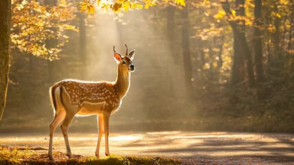 Aufkleber - A serene deer stands by a tranquil pond surrounded by autumn foliage in a forest.