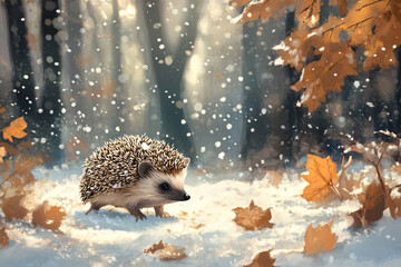 Wall Mural - cute little hedgehog in a winter forest with autumn leaves