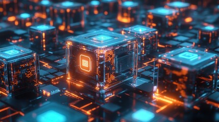 Poster - Abstract 3D Render of Glowing Cubes with Orange and Blue Lights on a Circuit Board