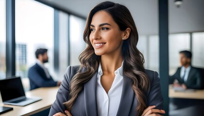 Poster - Confident Businesswoman in Modern Office Setting with Colleagues Working in Background Showcasing Leadership and Teamwork