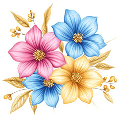 Wall Mural - Watercolor floral illustration with pastel pansies and golden accents on transparent background