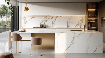 Poster - A beautiful modern light white kitchen. Photo interior modern white marble kitchen design. Elegant Classic White Kitchen with Timeless Marble Accents 