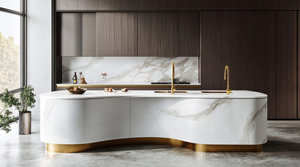 Poster - A beautiful modern light white kitchen. Photo interior modern white marble kitchen design. Elegant Classic White Kitchen with Timeless Marble Accents 