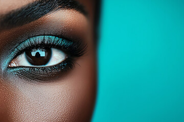 Closeup of a model s eye with bold makeup, black studio background, beauty and intensity