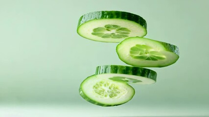 Poster - Slices of cucumber floating against a soft green background, highlighting freshness and health.