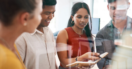 Aufkleber - People, diversity and ideas in brainstorming or workshop in boardroom, office or business as startup. Teamwork, collaboration and meeting in company or coworking with notebook, discussion or planning