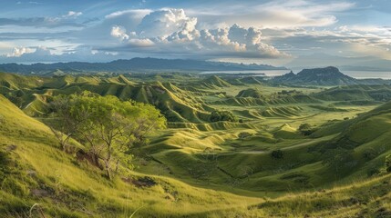 Wall Mural - rolling green hills and a distant body of water under a cloudy sky