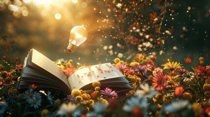 Wall Mural - open book in a field of flowers with a lightbulb floating above