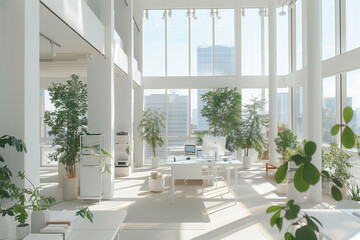 Poster - Bright open-plan workspace featuring modular white desks, indoor plants in simple pots, and floor-to-ceiling windows for natural light, fostering a calming, minimalist environment.