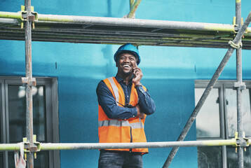 Poster - Smile, construction and black man on site with phone call, communication and architecture. Property developer, contractor or project manager at scaffolding on smartphone for civil engineering plan