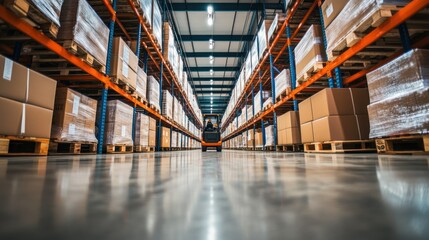 Poster - A Forklift Moving Through a Warehouse with High Shelves Packed with Cardboard Boxes