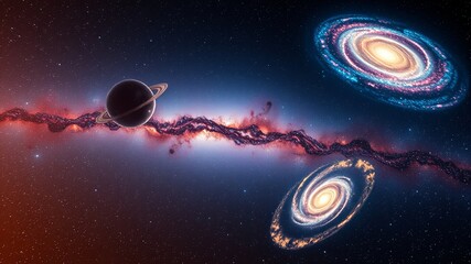 Wall Mural - a solitary ringed planet drifts amidst a celestial tapestry of swirling galaxies, illuminated by a d
