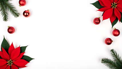 Aufkleber - Red poinsettias and Christmas decorations on a white background with space for text in a top view, flat lay arrangement.