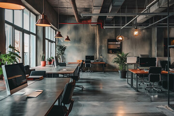 Poster - Minimalist office with exposed concrete walls, a few long wooden desks, pendant lighting, and plenty of open space for easy movement and a clean, organized look.