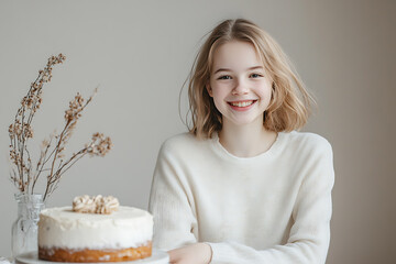 A joyful girl smiling brightly, standing by a table with a festive cake, captured in a minimalistic style