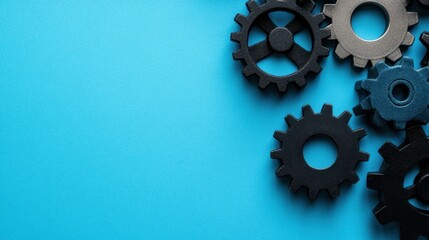 Poster - Black and blue gears interlocked on a solid blue background, symbolizing automation and synchronized machinery.