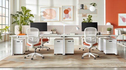 Poster - Open-plan office with sleek white desks, ergonomic chairs, soft neutral tones, and large glass partitions, creating a bright, collaborative workspace with minimal distractions.