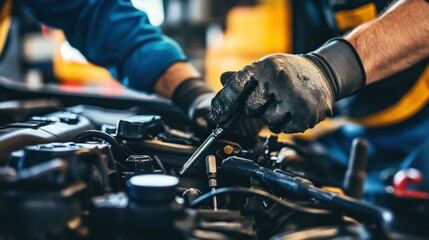 Poster - Close-up of a Mechanic's Hand Working on a Car Engine