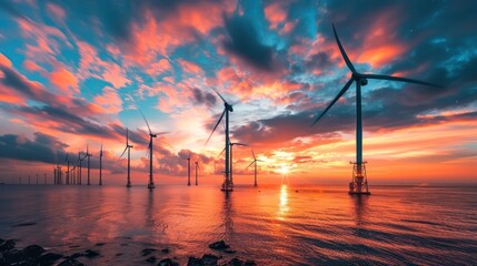 Wall Mural - wind turbines silhouetted against a vibrant sunset over the ocean